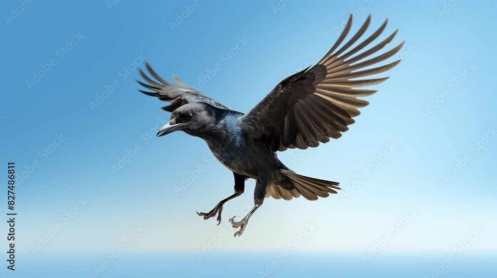 Obraz premium Black crow flying in the blue sky.