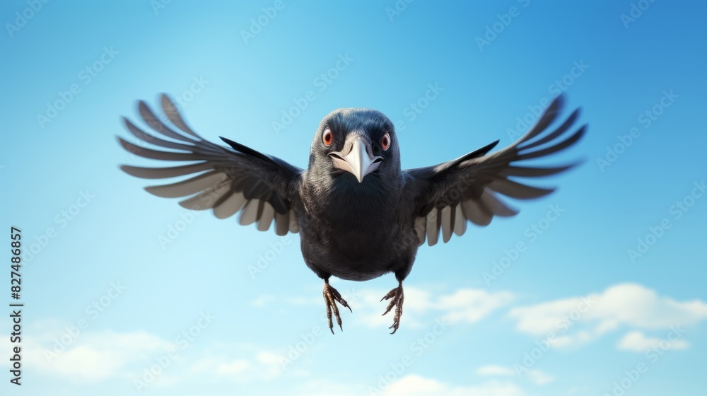 Fototapeta premium Black crow flying in the blue sky.