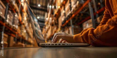 Person using laptop in warehouse surrounded by shelves of boxes working. Concept Warehouse, Inventory Management, Working in Warehouse, E-commerce Fulfillment, Technology in Warehouse photo