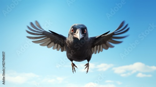 Black crow flying in the blue sky.