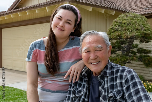 Fotografie Closeup of Japanese Asian Pacific Islanders, Granddaughter and Grandfather, Posi