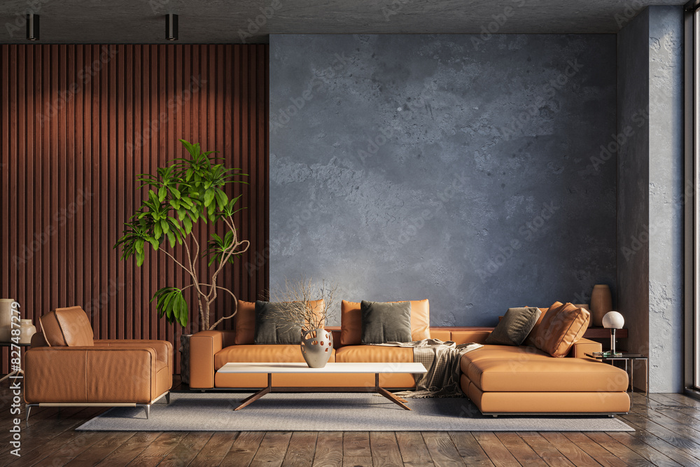 Interior design of modern apartment with dark blue walls. Interior mockup, 3d render Interior design of modern apartment with dark blue walls. Interior mockup, 3d render