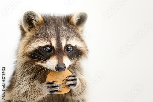 Adorable raccoon with striking black facial markings clutching a cookie delicately between its paws, looking up with curiosity on a soft neutral background