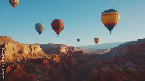 Hot air balloon rises very high in blue sky above white clouds, bright sun shines. A group of hot air balloons flying over a canyon. High quality photo