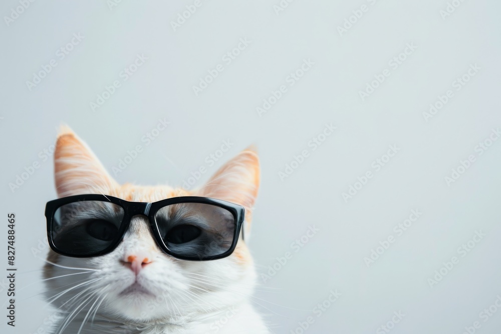 A white cat with black sunglasses resting on a table A white cat with black sunglasses resting on a table