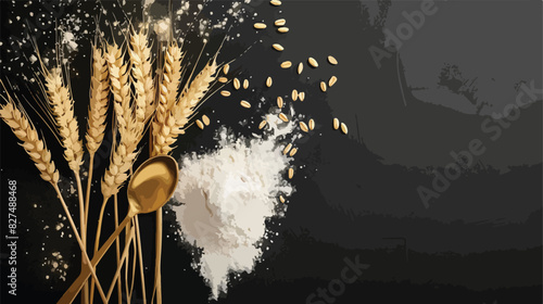 Closeup golden ears of wheat a spoon and scattered 