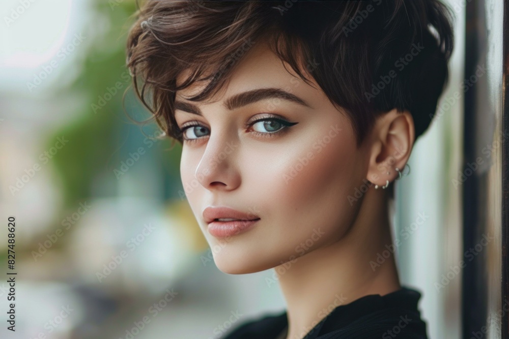 Closeup of an attractive woman with a modern haircut, displaying subtle makeup and poise Closeup of an attractive woman with a modern haircut, displaying subtle makeup and poise