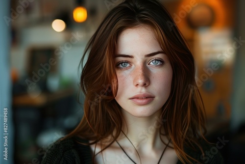 Captivating closeup portrait of a serene and stylish young adult redhead woman with a peaceful and contemplative facial expression  showcasing her alluring and attractive gaze