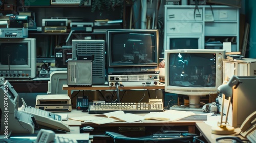 A cluttered office room crammed with outdated computer equipment and telephones, creating a chaotic and neglected scene photo