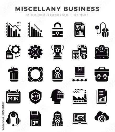 Vector icons set of Miscellany Business. Glyph style Icons.