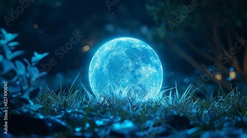 Enchanted glowing moon resting in the grass at night, surrounded by magical forest glow and serene blue light.