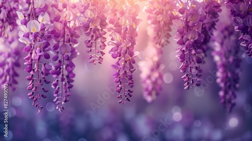 A cascade of wisteria flowers hanging from above, soft purple tones