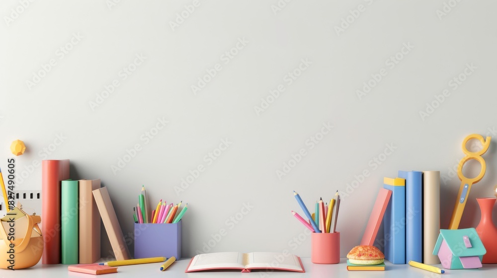 children's study table with study equipment arranged on the table with copy space on a white background, 3d render children's study table with study equipment arranged on the table with copy space on a white background, 3d render