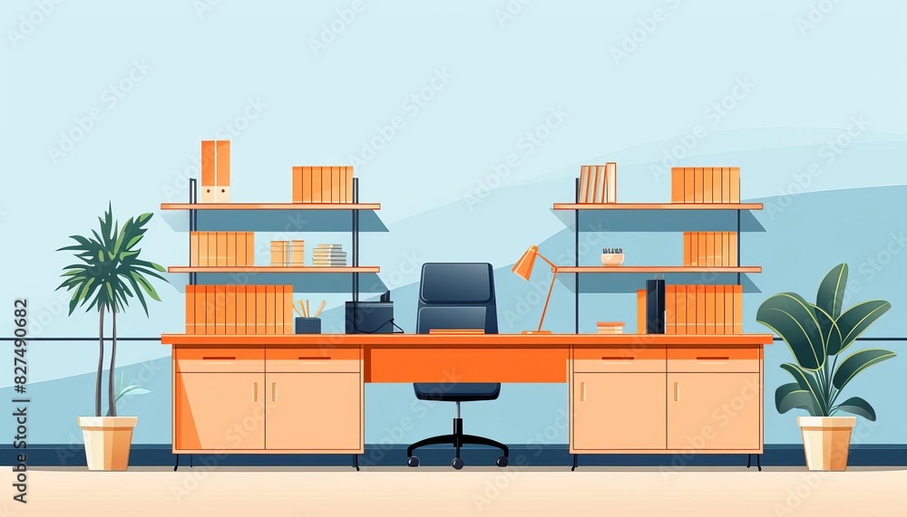 Illustration of a modern office desk setup with bookshelves, office chair, potted plants, and a desk lamp in a bright room. Illustration of a modern office desk setup with bookshelves, office chair, potted plants, and a desk lamp in a bright room.