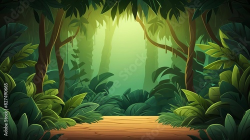 Fototapeta Naklejka Na Ścianę i Meble -  Illustration of a lush, green jungle pathway surrounded by dense tropical foliage and trees, with sunlight streaming through the canopy.