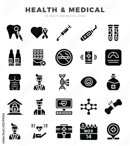 Set of HEALTH & MEDICAL Icons. Simple Glyph art style icons pack. Vector illustration.