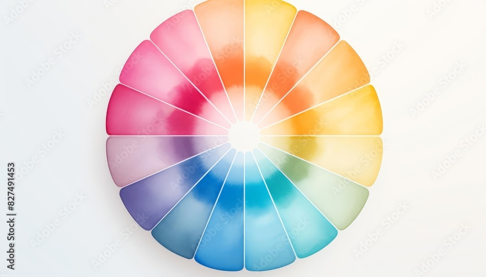 Obraz premium Vibrant color wheel arranged in seamless gradient on white background, representing harmonious color spectrum for design and art concepts.