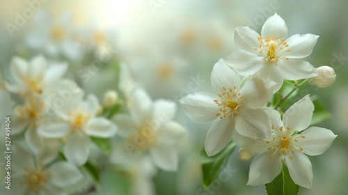 Close-up of white jasmine flowers under soft lighting  pure and elegant with bottom copy space for refined themes