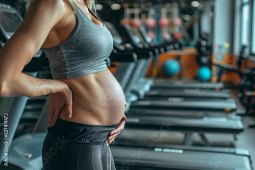 Pregnant woman in gym holding her stomach. © VISUAL BACKGROUND