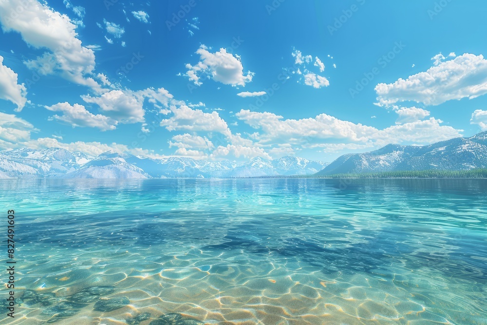 Crystalline turquoise waters under a blue sky with fluffy clouds and distant mountains, conveying a sense of serenity
