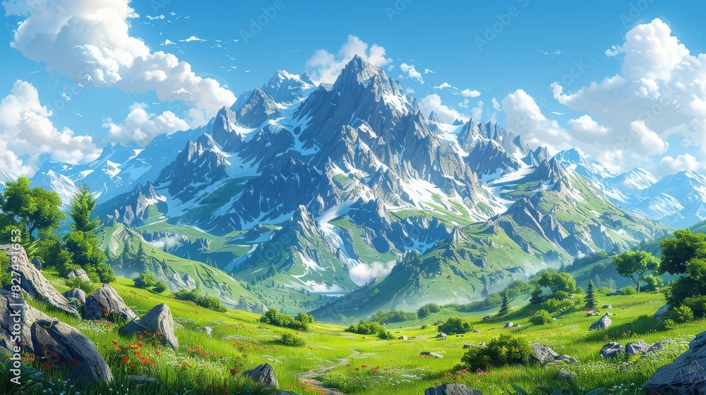 Clear mountain view on a bright summer day with sky above for adventure-themed Clear mountain view on a bright summer day with sky above for adventure-themed