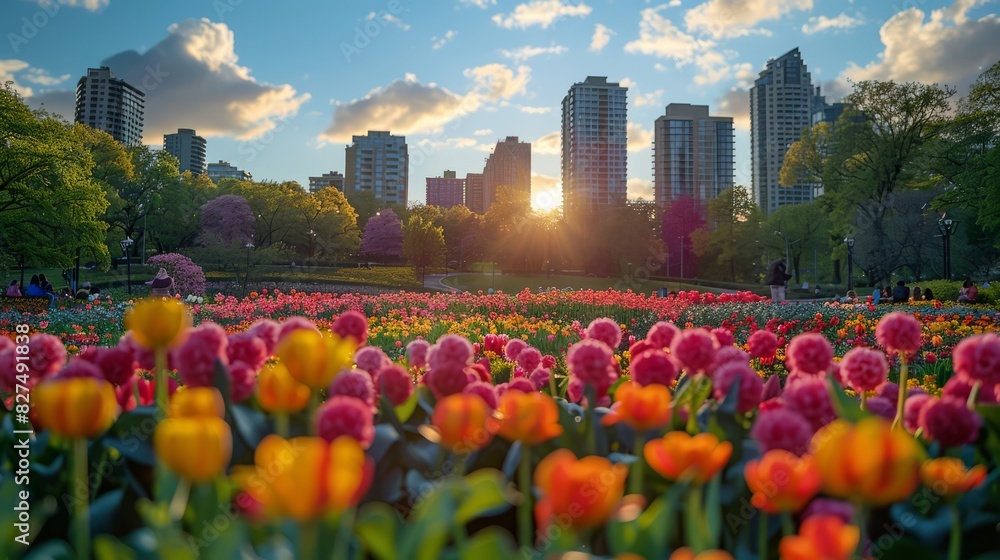 Obraz premium A field of flowers with a bright orange and pink sunset in the background