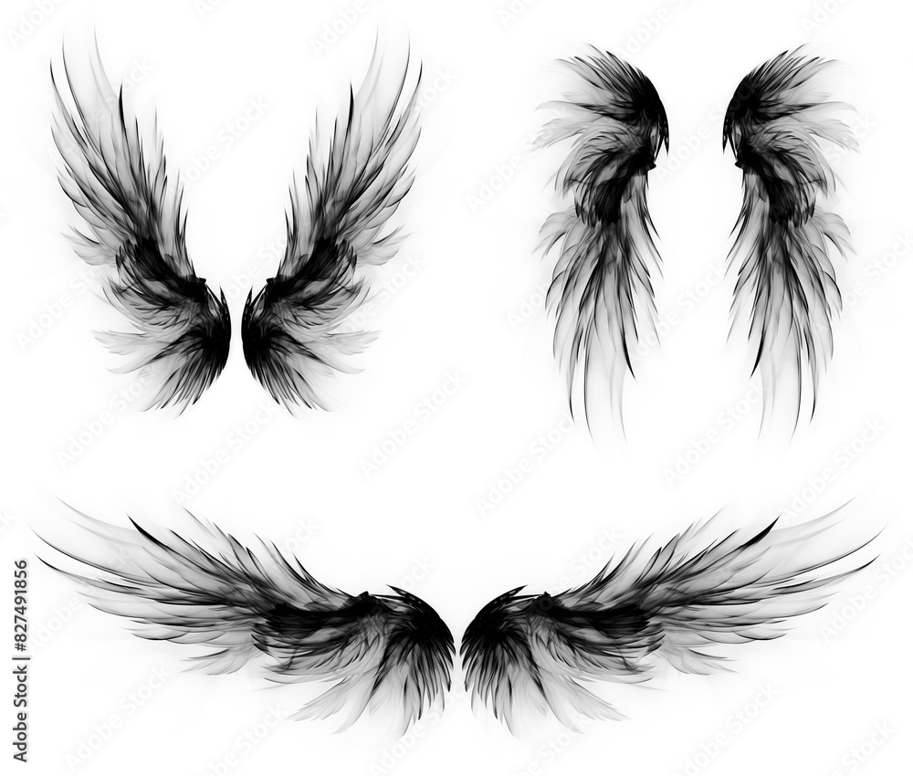 Obraz premium set of angel or demon black fractal wings. In various styles. Wings upwards, downwards and sideways. Isolated transparent background PNG.