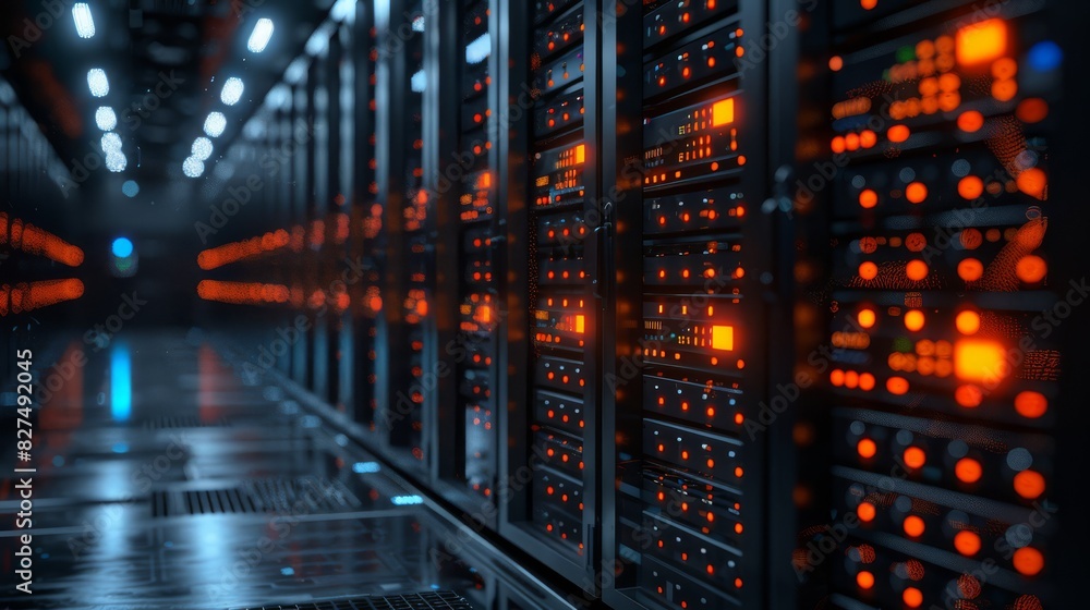 Sophisticated data center with rows of servers, soft focus background Sophisticated data center with rows of servers, soft focus background