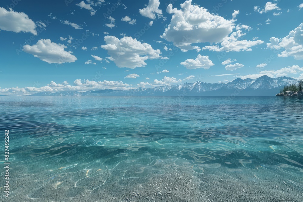 Crystalline turquoise waters under a blue sky with fluffy clouds and distant mountains, conveying a sense of serenity Crystalline turquoise waters under a blue sky with fluffy clouds and distant mountains, conveying a sense of serenity