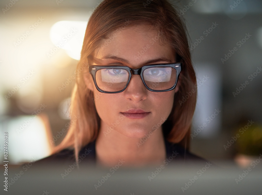Office, woman and reading with glasses on laptop with news, info and journalist with online article. Media, review and writer with research on internet, website and post report with creativity Office, woman and reading with glasses on laptop with news, info and journalist with online article. Media, review and writer with research on internet, website and post report with creativity
