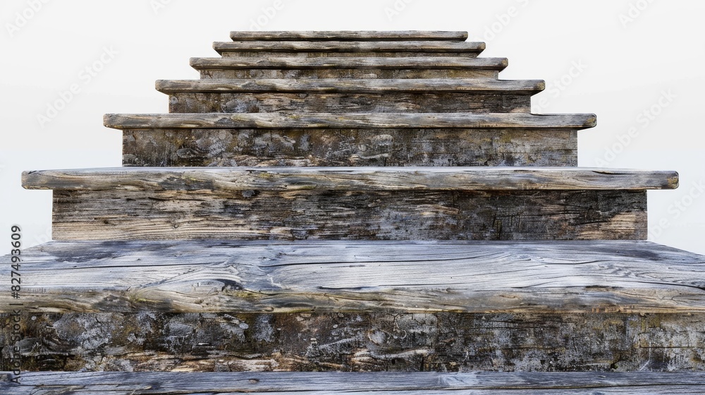 Wooden stairs with collapsing steps, a gloomy sky in the background, isolated on white background, perspective view Wooden stairs with collapsing steps, a gloomy sky in the background, isolated on white background, perspective view