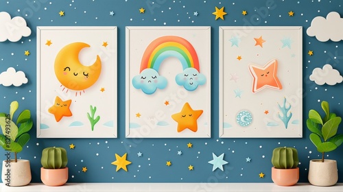 Modern collection of cute hand drawn designs for kids wall decor. Cloud, rainbow, moon, star, and cloudbackground wallpaper for kids' rooms, nursery wall decor, and baby and toy cards. photo
