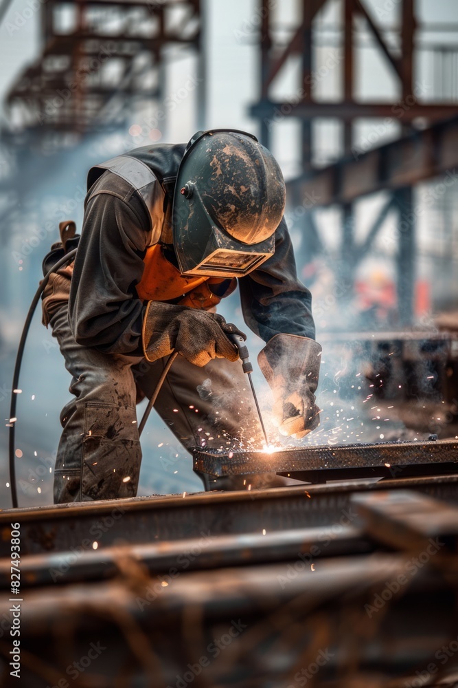 A worker welding steel in a factory. A worker welding steel in a factory.