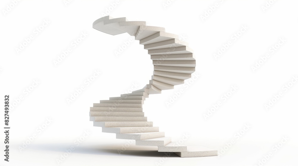 Obraz premium Spiral staircase with steps rising higher, investment symbols in the background, isolated on white background, copy space