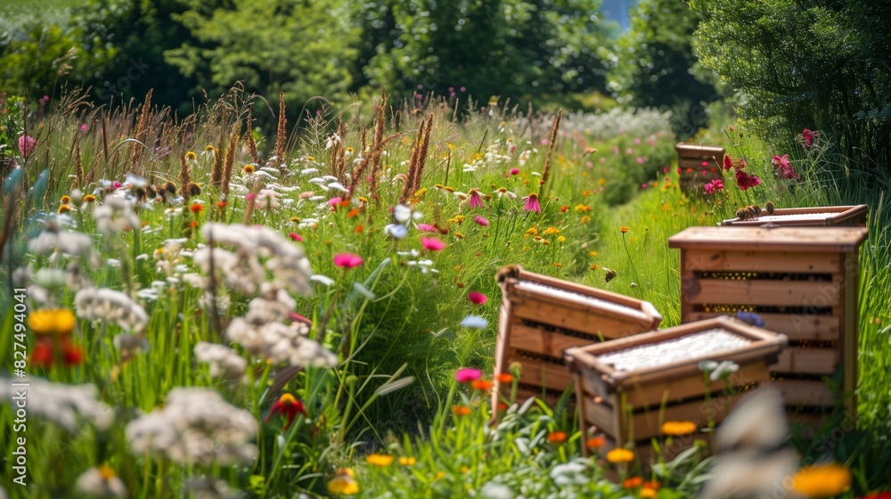 A picturesque countryside with a traditional apiary, wooden beehives, tall grasses, and vibrant wildflowers.
