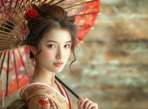 Japanese Woman in Traditional Kimono and Hair Accessories