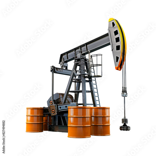 Oil pump jack and oil barrels. Isolated on transparent background.