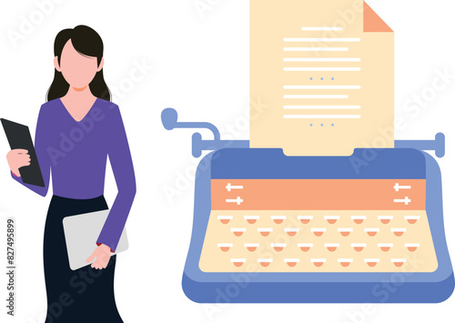 A girl is writing on a typewriter.