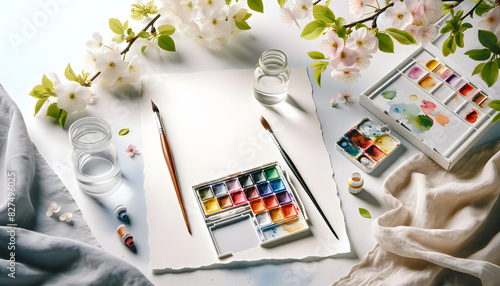 a watercolor painting setup. The scene includes a blank sheet of watercolor paper, a palette of vibrant watercolor paints, brushes, and small water containers. photo