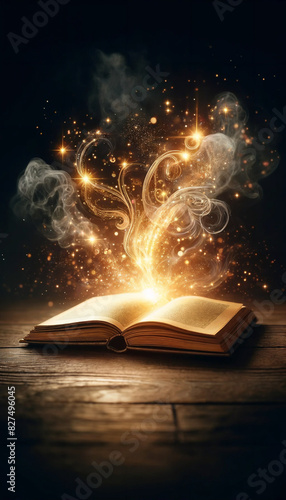 An open book with golden light and sparkles emanating from its pages, creating a magical and enchanting effect