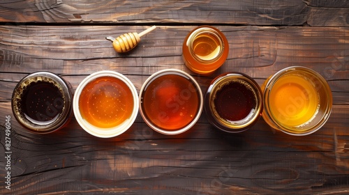 Pots of honey on a rustic table, ranging from light amber to dark molasses, each with a unique glow.