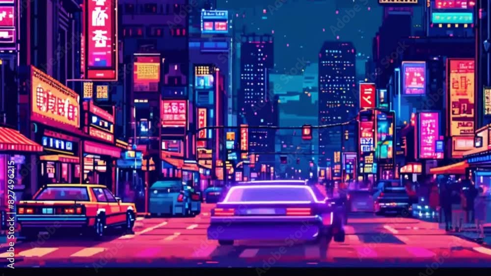 An animation depicting a lively city street at night, with neon signs ...