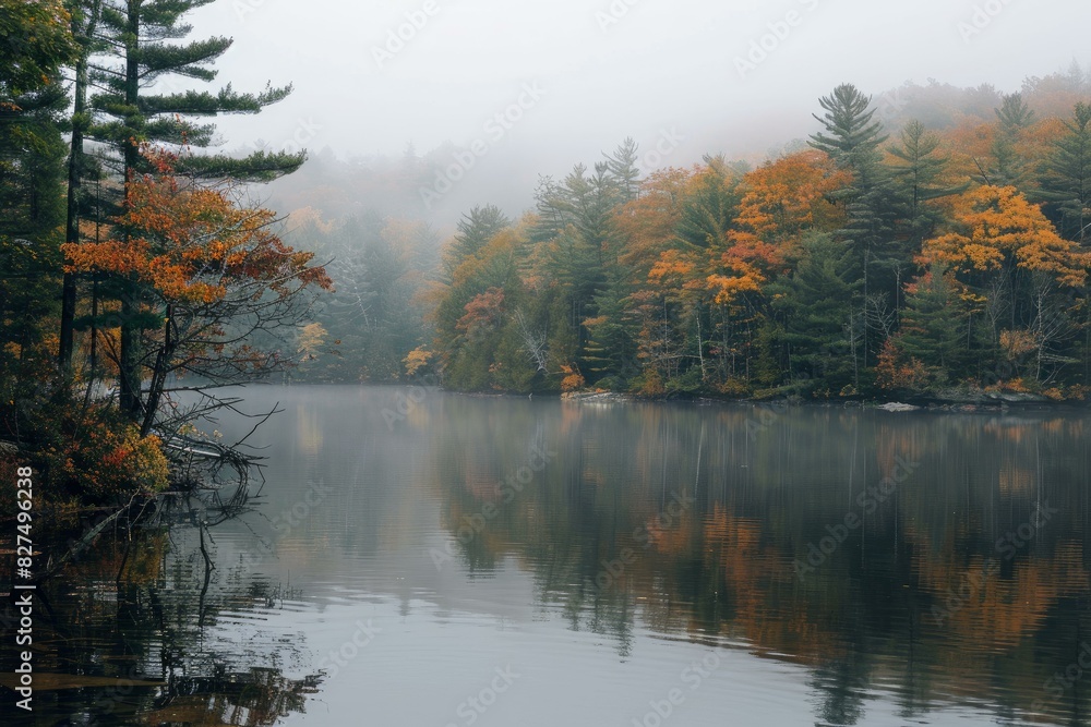 Tranquil autumn lake with misty landscape and serene water reflection in peaceful morning, showcasing the beautiful fall colors and calm, ethereal atmosphere of the seasonal wilderness environment