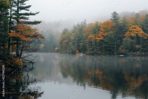 Tranquil autumn lake with misty landscape and serene water reflection in peaceful morning  showcasing the beautiful fall colors and calm  ethereal atmosphere of the seasonal wilderness environment