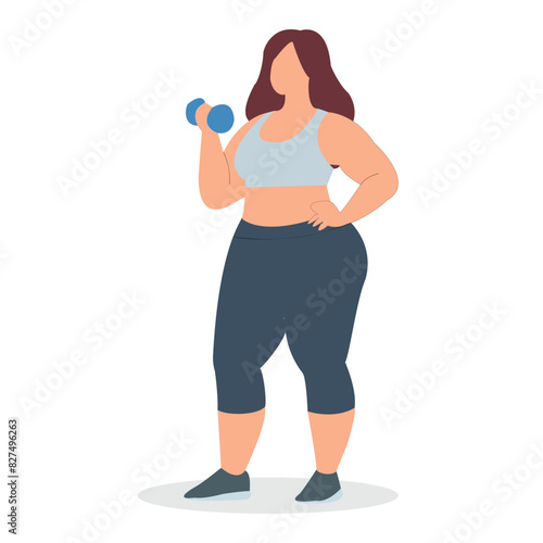 Sport instructor woman with dumbbells flat vector illustration on white background.