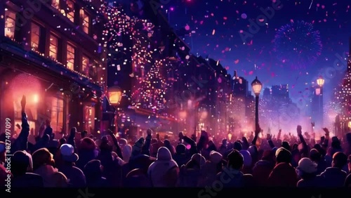 Wallpaper Mural An animation depicting a New Year’s Eve celebration with fireworks, people cheering, and detailed pixel art of the festive atmosphere. Torontodigital.ca