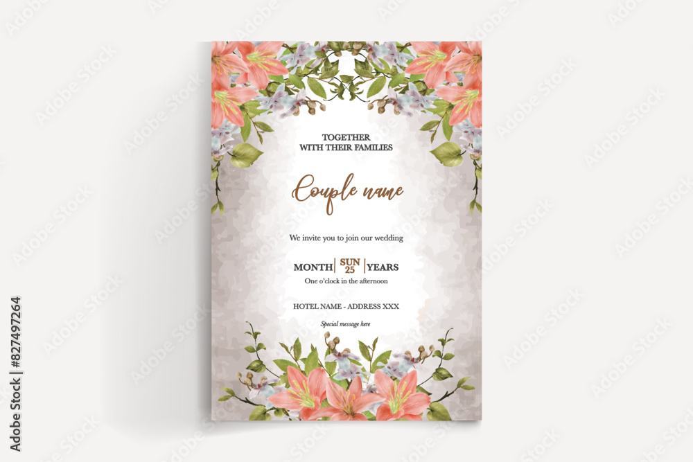 WEDDING INVITATION FRAME WITH FLOWER DECORATIONS AND FRESH LEAVES WEDDING INVITATION FRAME WITH FLOWER DECORATIONS AND FRESH LEAVES