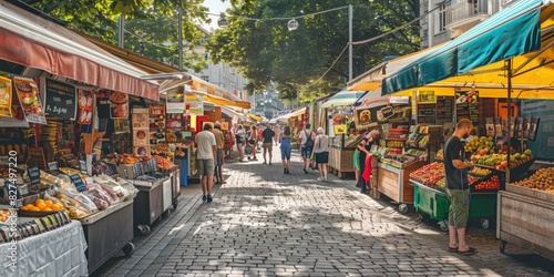 Bustling Outdoor Street Market with People and Food Stalls