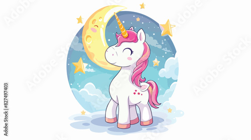 Cute unicorn standing on the moon. Vector illustration