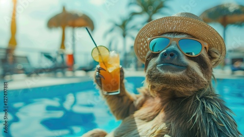 a sloth in a hat drinks a cocktail on the background of a swimming pool. Selective focus photo